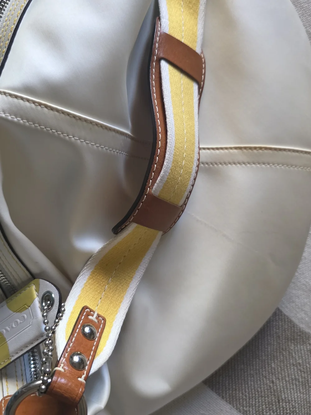 Coach Hampton Weekend White Satin Hobo with Yellow and Brown Strap Accents